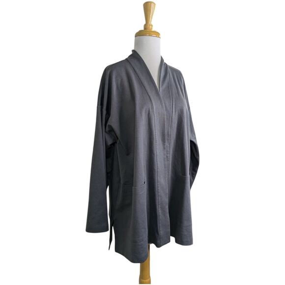 Eileen Fisher Organic Cotton Jersey High Collar Jacket Large Gray Neutral - Picture 2 of 11